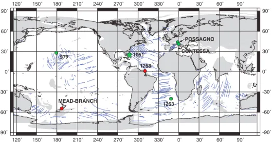 Figure 1. Earth at ~50 Ma showing the approximate locations of the studied site (star) and other successions (solid circles) pertinent to understanding planktic foraminiferal changes across EECO