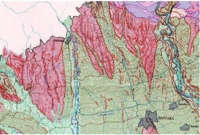 Figura 8-4 Aree di affioramento di depositi pedemontani terrazzati fortemente pedogenizzati “pianalti  ferrettizzati”  (campiture  rosa)  a  cui  si  sovrappongono  lateralmente  depositi  di  conoide  singlaciale  Würmiana