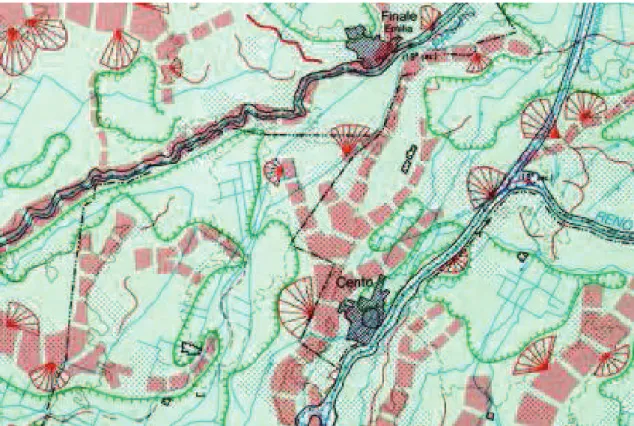 Figura  8-12  Corpi  di  riempimento  di  canali  distributori  di  delta  interno  di  età  prevalentemente  medioevale (Secchia, Panaro, Samoggia e Reno)