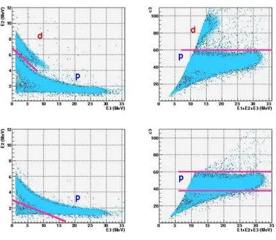 Figure 3.10: Experimental data. In the upper box the ∆ E/E plot (left panel) for 2