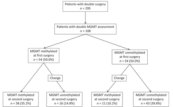 Figure 2. Changes in MGMT methylation status between ﬁrst and second surgery.