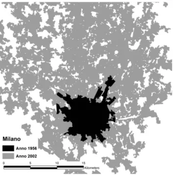 Fig 4. Confronto tra le superfici urbanizzate degli  anni ’50 e il primo decennio del 2000 