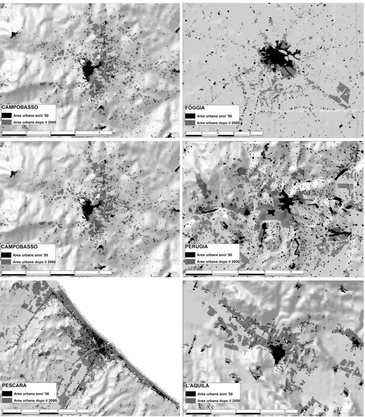 Fig 4. Confronto tra le superfici urbanizzate degli anni ’50 e il primo decennio del 2000 