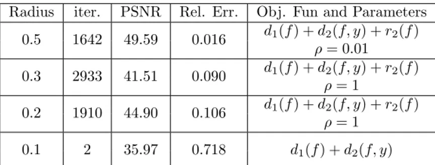 Table 2. Optimal results for the explicit formulation of the objective function. Here, d 1 (f ) = 0.5kM W f − y 0 k 2 2 and