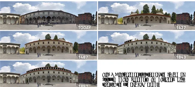 Fig.  4  Digital  reconstruction  of  the  façade  of  Istituto  degli  Innocenti  in  different  eras  through the use of a BIM model