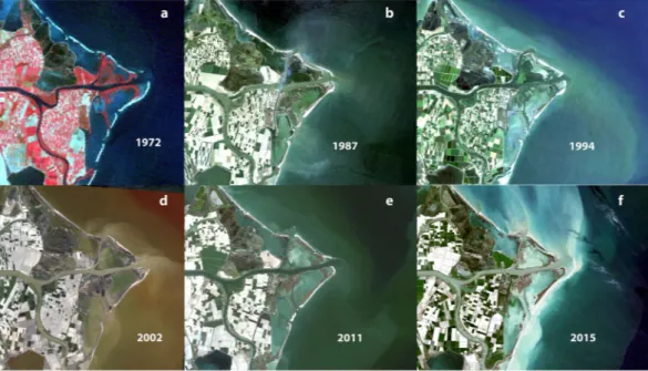 Figure 2.  Landsat satellite images: (a) L1MSS-12 August 1972 (60 m); (b) L5TM 8 May 1987 (30 m); (c) L5TM 