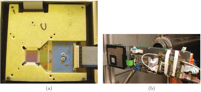 Figure 4.3: Two pictures of the double sided silicon detector: a) detail of detector [66]; b) the complete module.