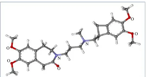 Figure 5: Ball-and-stick model of ivabradine molecule. N: Nitrogen; O: Oxygen. The structure is taken from 