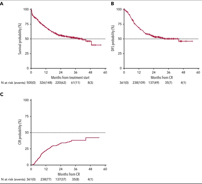 Figure 2. Survival estimates and CIR of the whole patient population. With a median follow-up of 28.8 months, 2-year-OS (A) and DFS (B) were 56% (median duration 38 months) and 54% (median duration 32.4 months), respectively