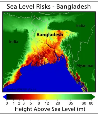 Figure 1. 2: Low elevation areas in coastal Bangladesh at risk of inundation fom climate change induced sea level rise  (Source: www.globalwarmingart..com/wiki/File:Bangladesh_Sea_Level_Risks_png) 