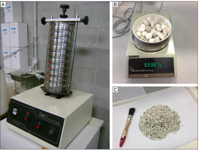 Figure 3-11. A) Mechanical sieve shaker; B) precision scale; C) example of granule content from a  sieve