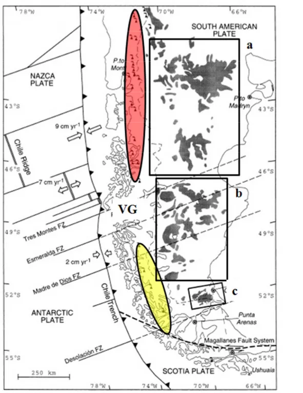 Figure 3.1: Sketch map of Patagonia (after D’Orazio et al., 2000). The light red and yellow circles indicate 