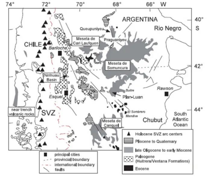 Figure  3.2:  Sketch  map  of  Northern  Patagonia  (from  Kay  et  al.,  2007)  showing  the  Somoncura  igneous 