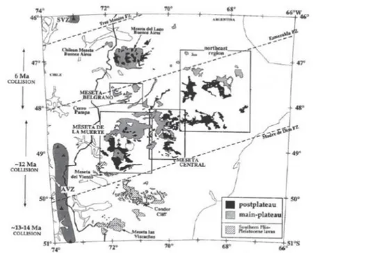 Figure 3.4: Map showing the occurrence of the different plateau of Central Patagonia (from Gorring et al., 
