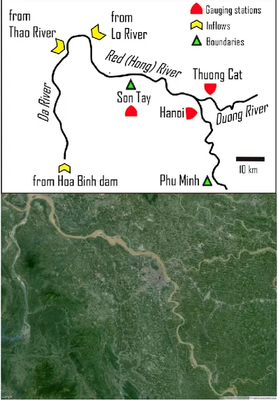 Figure  28.  Scheme  and  satellite  image  of  the  studied  river  reach.  19600 1970 1980 1990 2000 20100.511.522.533.5minimum water level [m]HanoiThuong Cat