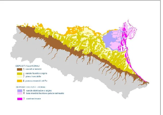 Figura  5.3  -  Carta  geologica  semplificata  della  Pianura  Padana  meridionale  derivata  dalla  “Carta  geologica  di  pianura  dell’Emilia-Romagna” in scala 1:250000