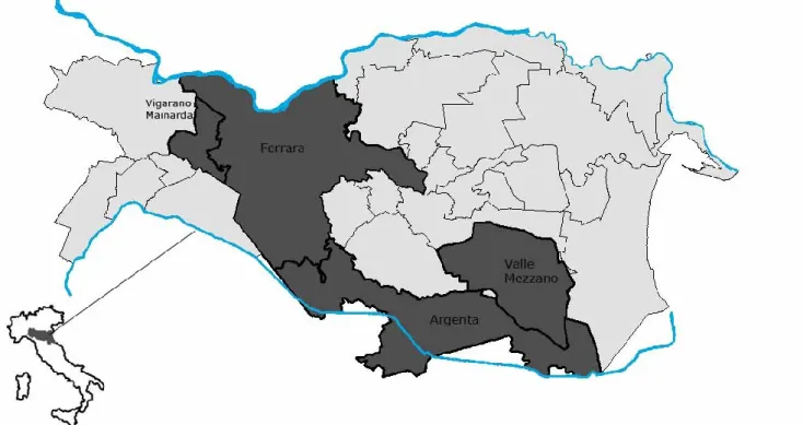 Figura 1: Provincia di Ferrara; in grigio scuro le 4 aree di studio, in azzurro il fiume Po a nord e il Reno a sud 