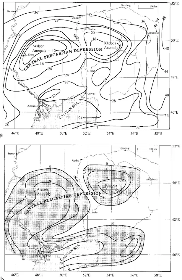 Figure 15:  Map of the crustal thickness without HVL (a) and thickness of the HVL (b),  after “Brunet et al., 1999”