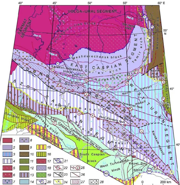 Figure 19:  Structural and tectonic map showing consolidated crust in the Caspian  region, after “Volozh et al., 2009”