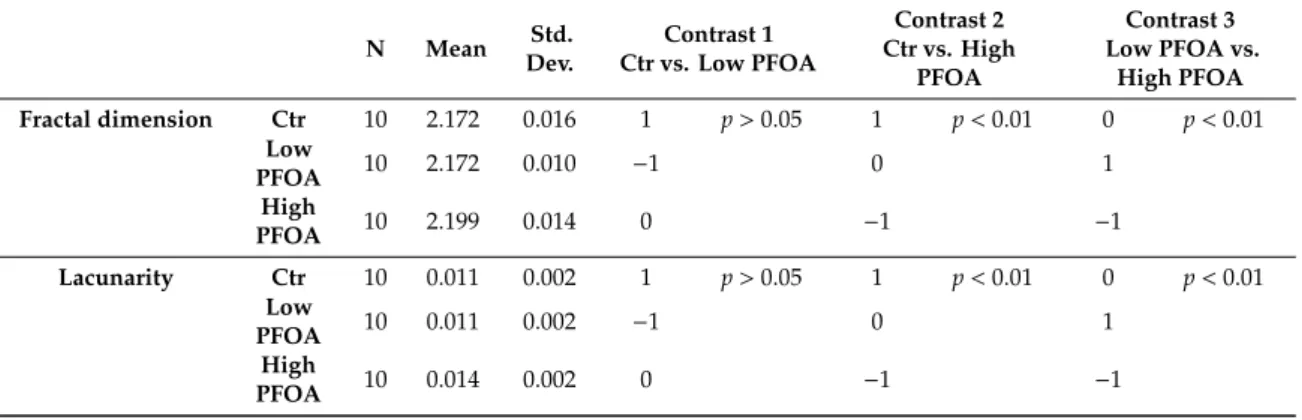 Figure 1. Liver histological sections according to treatment: (a) Control (Ctr), (b) Low dosage perfluorooctanoic acid (PFOA), and (c) High dosage PFOA