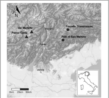 FIGURE 1 | Location of the four snowbed sites in the Italian eastern Alps. Circles and triangles represent calcareous and siliceous sites, respectively.