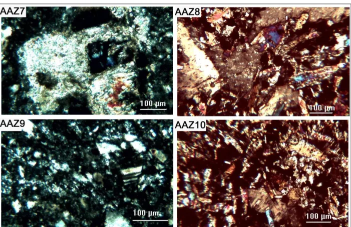 Fig. 29. Planche micrographique montrant les études pétrographiques effectuées sur les lames  minces des outils lithiques du groupe des roches volcaniques