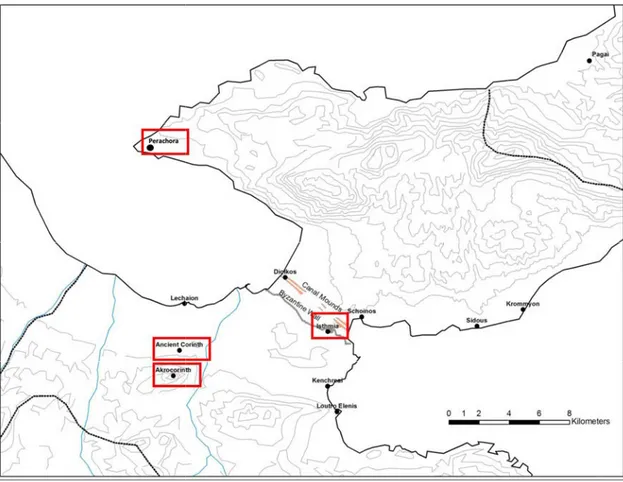 Fig. 4: Il  territorio  dell’Istmo  con  i  santuari  corinzi  sviluppatisi  in  epoca  bacchiade  (rielaborazione grafica dell’autore)