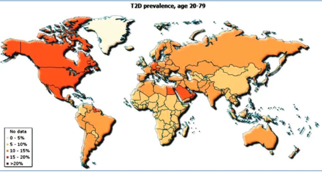 Figure  2.12:  Prevalence  of  type 2  diabetes  by  country.  Colour  intensity  represents  percentage  of  individuals aged 