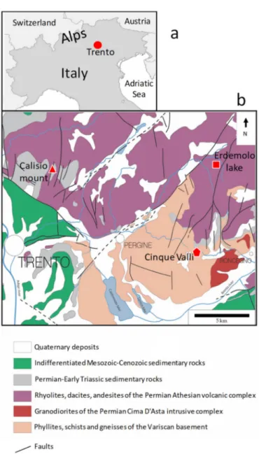 Figure 1. Simplified (a) geographic and (b) geological sketches of studied area located in the province of Trento (NE Italy)