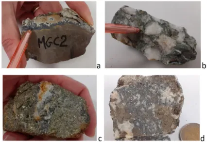 Figure 2. Hand-specimen photographs of studied mineralized rocks. (a) Sample MGC2 from Calisio mount, where brown oolitic carbonate matrix is crosscut by sulfide (mainly galena) veinlet; (b) sample MGE3 from Erdemolo lake characterized by porphyric texture