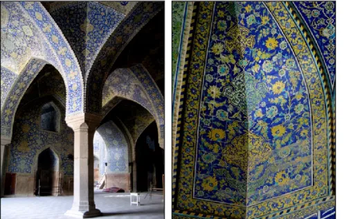 Figure 1.2 Vast application of  haft rang tilework at Masjid-i  Jāmeʿ-i ʿAbbāsī of Isfahan (left)  (photo: the author) and details of  the polychrome tiles (right)  (photo: courtesy of A.H