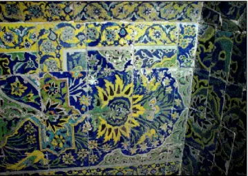 Figure  2.1  Details  of  inappropriate  restorations  on  haft  rang  tiles  of  Shaykh  Ṣafī-al-Dīn’s  shrine  in  Ardabīl (photo: the author) 