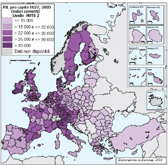 Fig. 5.2 – Divari regionali del PIL pro capite tra le aree europee (dati 2005) 