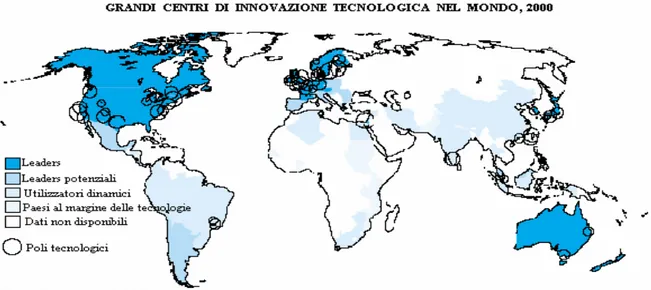 Fig. 2.2 – Grandi centri di innovazione tecnologica nel mondo, 2000. 