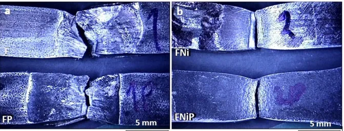 Figure 9. Macrographs of the fracture surface of samples (a) F, FP and (b) FNi, FNiP.