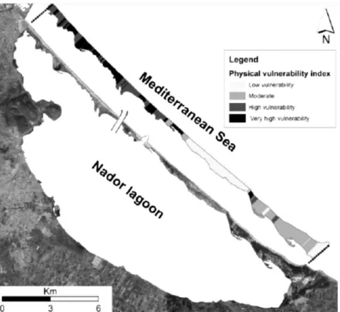 Figura 14 Mappa dei vulnerabilità della barriera sabbiosa della laguna di Nador (da Raji et al., 2013) 