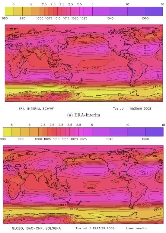 Figure 2.3: Global mean sea level pressure, long-term annual mean, in hPa. a) ERA-Interim, b) GLOBO