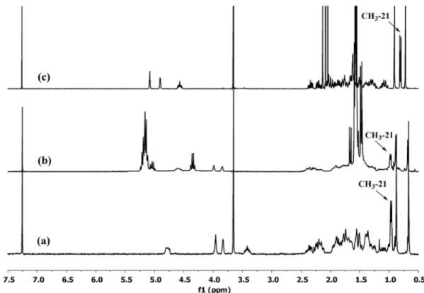 Figure 2.  1 H nMr spectra of (a) CaMe, (b) investigated polymer, (c) methyl cholate triacetate.