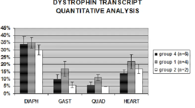 Figura  15:  Analisi  in  Real  Time  RT-PCR  del  livello  trascrizionale  del  gene  distrofina  nei  muscoli  schetrici  e  cardiaco  dei  topi  mdx  non  trattati,  trattati  con  M23D  &#34;nudo&#34;  o  con  il  complesso  T1-M23D