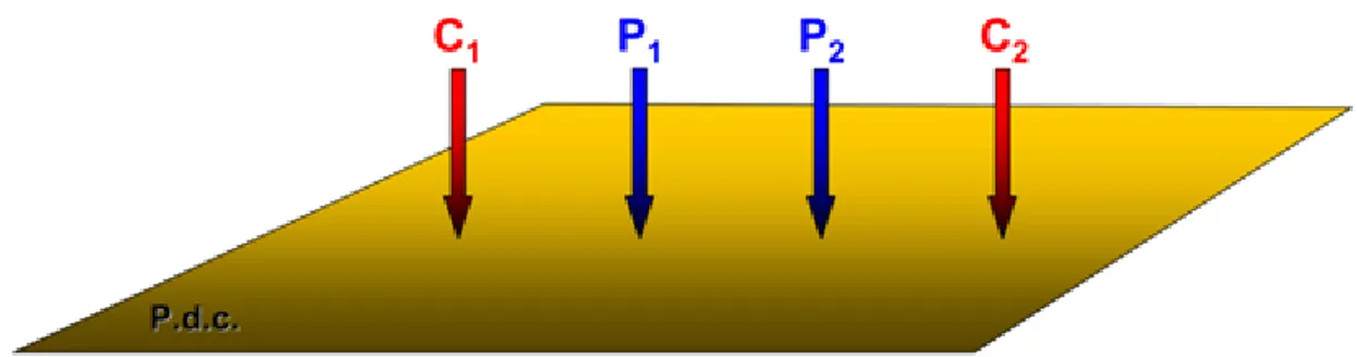 Fig. 1.5 - Un tipico array con 4 elettrodi per misure di resistività del sottosuolo dal piano di campagna  (P.d.c.)