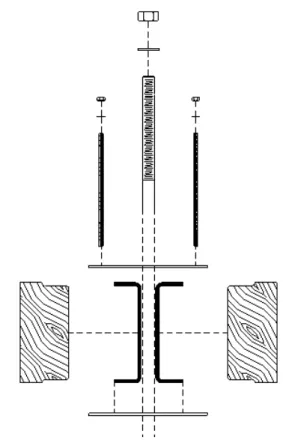 Fig. 8. Proposal  for  PFRP  built-up  member  with  steel  and  wooden interconnections