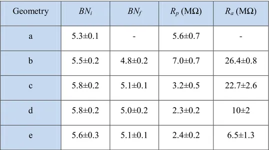 Table 2.2 Quantitative parameters of the patch pipettes. BN i  = initial bubble number after pulling the pipette; BN f  =  final bubble number of the polished pipette (with or without pressure application); R p  = pipette resistance in the  bath; R a  = ac
