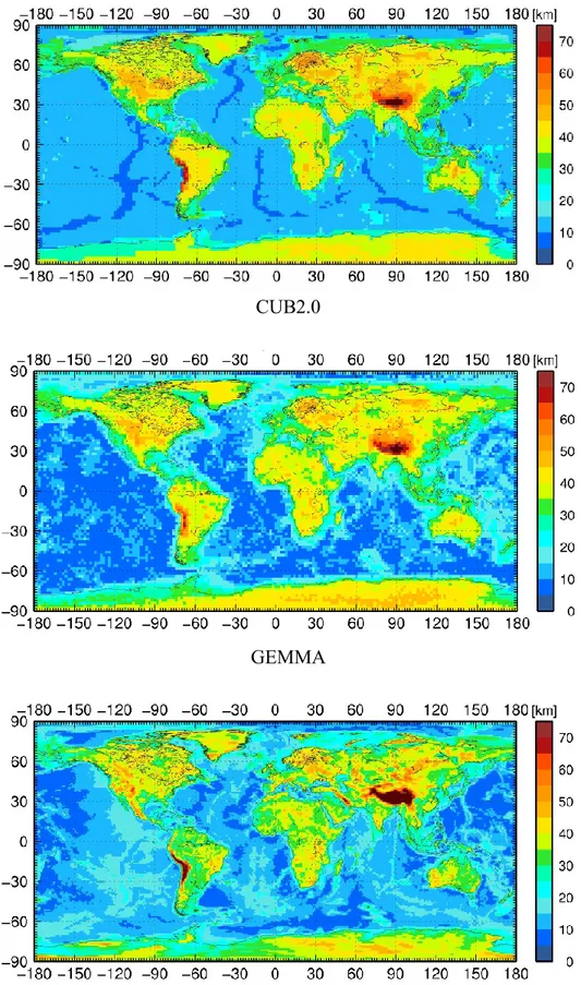 Fig. 3.4 Distributions of crustal thickness (without ice or water) in three global crustal models