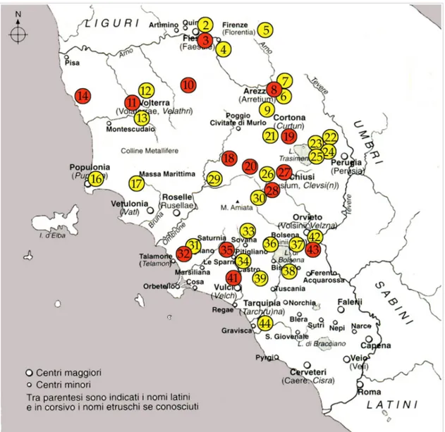 Figura 4: luoghi di ritrovamento di bronzetti votivi etruschi a figura animale (in rosso i rinvenimenti isolati, in   giallo le stipi)