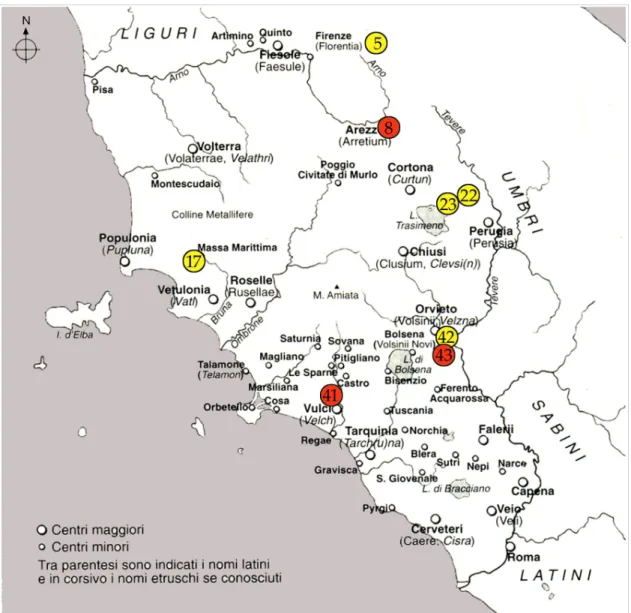 Figura 6: luoghi di ritrovamento di bronzetti votivi etruschi a figura animale: epoca classica (in rosso i rinvenimenti   isolati, in giallo le stipi)