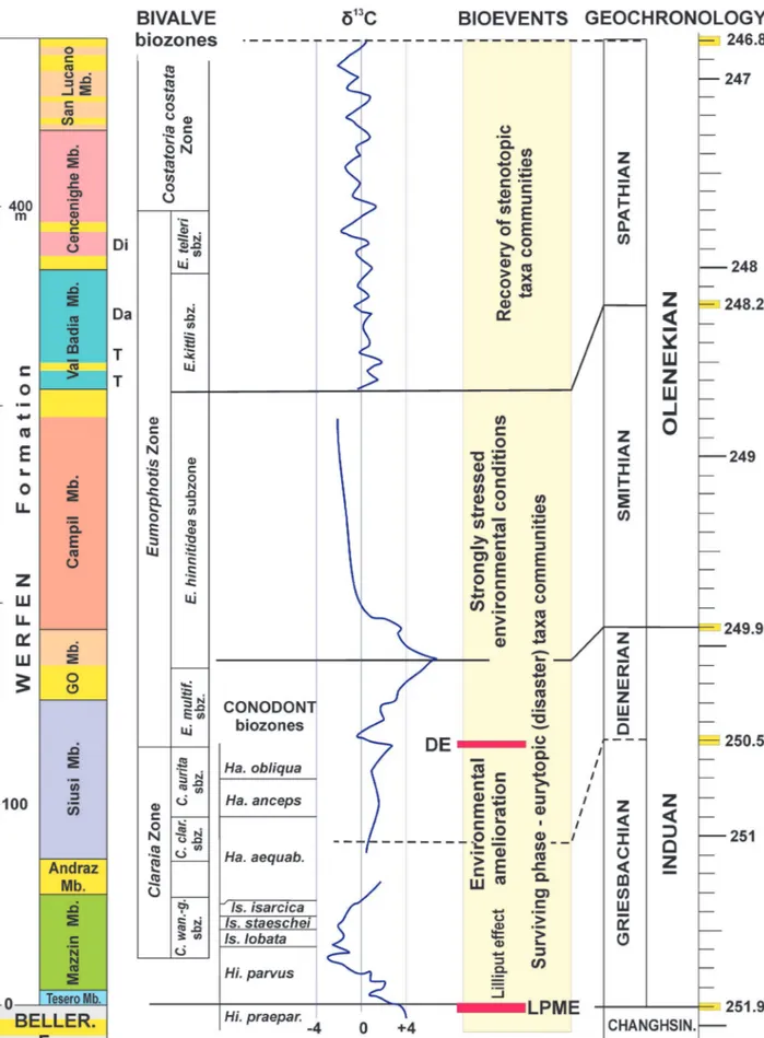 Fig. 10 - A synthesis of the Early Triassic events of the Dolomites (after Posenato 2008b, mod.)