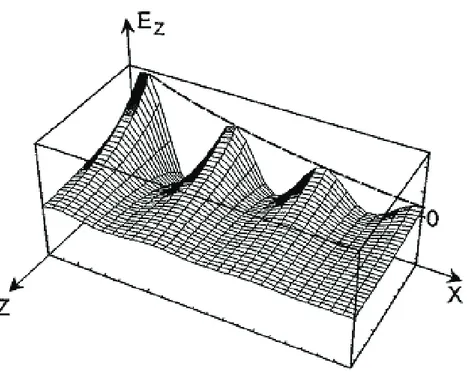 Figure 5. Schematic of the evanescent character of a surface plasmon mode excited at a  metal/dielectric interface in the , y-plane propagating as a damped oscillatory wave in the  x-direction