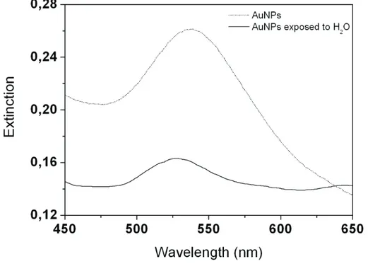 Figure 1. Spectra of Au NPs (short dot) and the Au NPs after incubation with water (solid) 