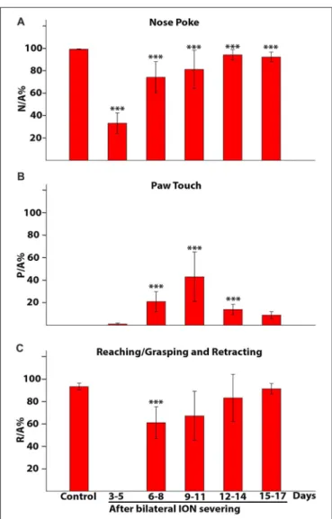 FIGURE 8 | Frequency of approach to the front wall. The histogram presents data on five rats collected in control conditions and at different time intervals after bilateral ION severing