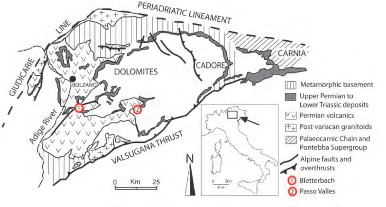 Fig.  1.   Simplified geological map of the Dolomites, Italy (redrawn from Massari et al., 1994)